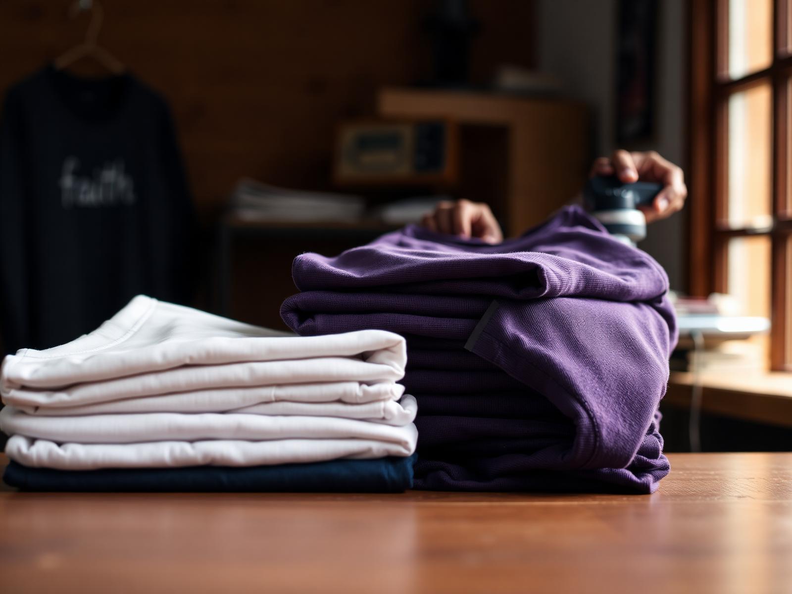 Freshly pressed custom shirts stacked in the So Faithful studio